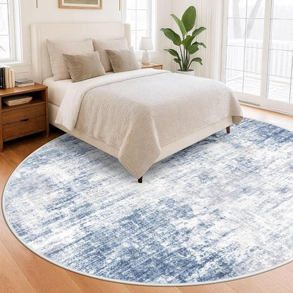 IOHOUZE Abstract Round Area Rug 8 Ft Washable Circle Rugs Large Round Rug Non Slip Thin Soft Circle Rugs, Printed Faux Wool Floor Carpet for Bedroom Living Room Dining Room Nursery, Light Blue Grey