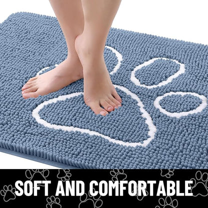 Smiry Dog Door Mat for Muddy Paws, Absorbent Dirt Trapper Non Slip Quick Dry Washable Chenille Mat for Mud Dogs, Entry Rug for Indoor and Outdoor (70x24 Inches, Airy Blue and White)