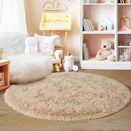 6‘x6’ Beige Round Rug for Bedroom, Ultra Soft Fluffy Circle Rug for Kids Girls Boys Room, Cute Shag Rugs for Living Room Playroom Tent Castle Home Decor Rug