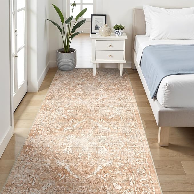 4x8 Washable Hallway Runner Rug - Wide Kitchen Runners Vintage Low Pile Carpet Soft Thin Floor Runner with Rubber Backing for Entryway Bedroom Living Room Home Decor (Brick)