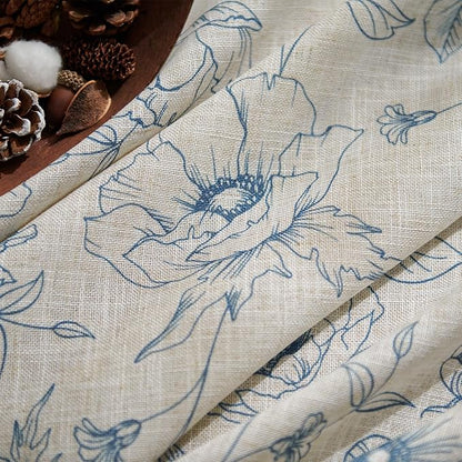 jinchan Floral Linen Curtains for Living Room 63 Inch Length Blue Flower Curtain Rod Pocket Back Tab Farmhouse Curtains with Printed Floral Bedroom Window Curtain Set, 2 Panels Blue