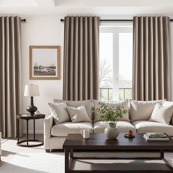 96 inch long linen blackout curtains 2 Panels 100% Black out Linen texture Curtain Modern Farmhouse Dark Flax Window Drapes with Back Tab Rod Pocket Room Darkening Thermal for Bedroom Living Room