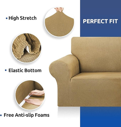 KEKUOU Stretch Sofa Cover Slipcover ，Couch Covers for 3 Cushion Couch Sofa pet Friendly (79"-94") Furniture Protector Sofa with Elastic Bottom for Kids,Dog, Jacquard Small Checked(Large,Tan)