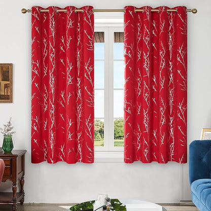 Deconovo Christmas Red Curtains, Blackout Drapes, Soundproof Curtain, Silver Print, 52 x 63 Inch Long, 2 Panels, Machine Washable Window Panel for Living Room Bedroom Festival Party Decoration Kitchen