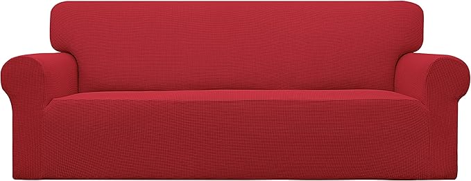 Easy-Going Stretch Oversized Sofa Slipcover 1-Piece Sofa Cover Furniture Protector Couch Soft with Elastic Bottom for Kids, Polyester Spandex Jacquard Fabric Small Checks Christmas Red