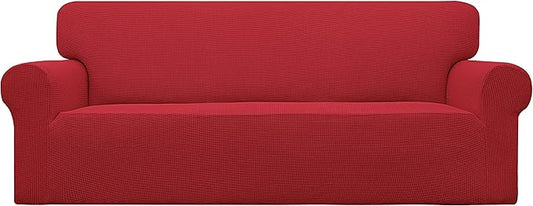 Easy-Going Stretch Oversized Sofa Slipcover 1-Piece Sofa Cover Furniture Protector Couch Soft with Elastic Bottom for Kids, Polyester Spandex Jacquard Fabric Small Checks Christmas Red