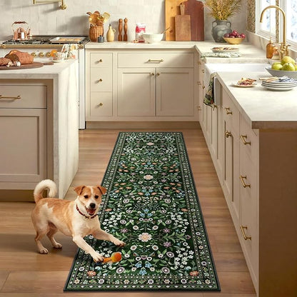 Yamaziot Washable Runner Rug 2x8 – Boho Non Slip Floral Hallway Runner Rug with Rubber Backing, Low Pile Distressed Carpet for Kitchen, Laundry, Bedroom, Entrance, Colorful Green