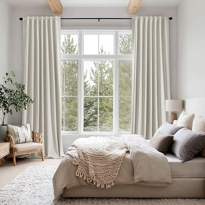 MIULEE 100% Blackout Linen Curtains for Bedroom, Light Cream Solid Luxury Decor Thermal Insulation Room Darkening Drapes for Living Room Nursery Back Tab Rod Pocket 42 x 90 Inches, 2 Panels
