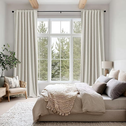 MIULEE 100% Blackout Linen Curtains for Bedroom, Light Cream Solid Luxury Decor Thermal Insulation Room Darkening Drapes for Living Room Nursery Back Tab Rod Pocket 42 x 90 Inches, 2 Panels