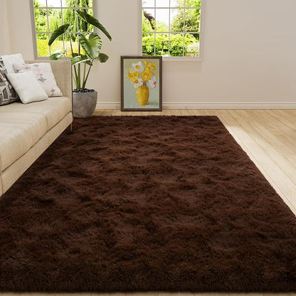 Amearea Shag Fluffy Area Rug for Bedroom Girls Living Room, Extra Soft and Fuzzy Shaggy Rugs, Non Slip, Solid Color Carpet Mat for Boys Nursery Home, Brown 5.3x7.5 Feet