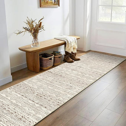 Moroccan Washable Hallway Runner Rug - 2'6"x12' Non Slip Floor Mat for Kitchen Low Pile Living Room Carpet with Rubber Backing Bedroom Rugs for Entryway 2'6"x12' Beige