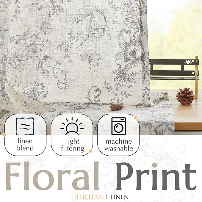 jinchan Linen Blend Curtain Floral Curtains for Living Room 96 Inch Length Grey Printed Curtain Rod Pocket Back Tab Farmhouse Peony Flower Patterned Drapes Bedroom Window Curtains Set 2 Panels