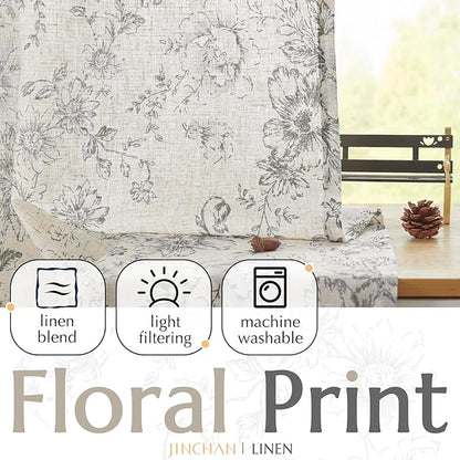jinchan Linen Blend Curtain Floral Curtains for Living Room 108 Inch Length Grey Printed Curtain Rod Pocket Back Tab Farmhouse Peony Flower Patterned Drapes Bedroom Window Curtains Set 2 Panels