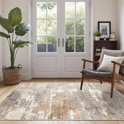 3x5 Washable Entryway Area Rug: Modern Abstract Small Runner Rug Indoor Soft Non Slip Rug for Living Room Low Pile Thin Floor Carpet for Kitchen Dining Room Bedroom Home Office Decor(3x5,Brown/Brick)