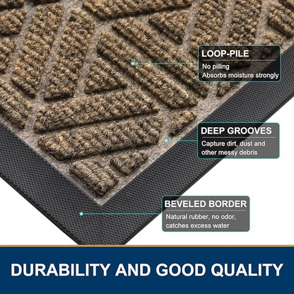 Smiry Front Door Mat Outside Entrance, Heavy Duty Sturdy Natural Rubber Doormat, Trap Dirt and Moisture, Easy Clean Low Profile Mats for Indoor Outdoor Entry, Grid Geometric (29.5x17, Brown)
