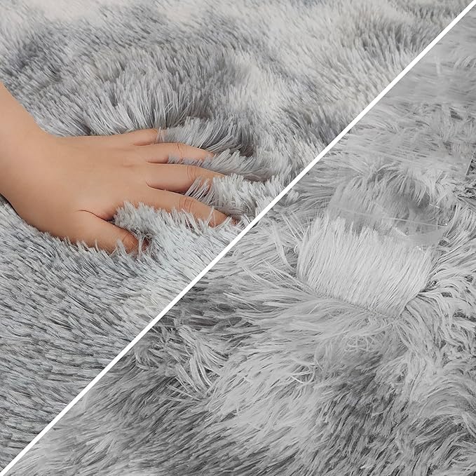Super Soft Fluffy Living Room Area Rug 2x8 ft Tie-Dyed Light Grey Shaggy Furry Carpet Washable Non-Slip Floor Rugs Bedroom Bedside Nursery Rug Fuzzy Boys Girls Dorm Home Decor Aesthetic