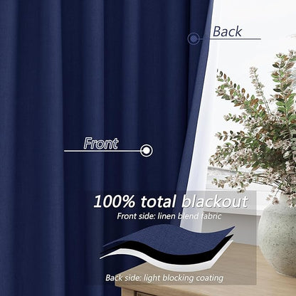 Guken 100% Blackout Curtains 72 Inch Length 2 Panels Set for Living Room Bedroom Back Tab Thermal Insulated Black Out Linen Drapes Room Darkening Window Curtains 72 Inches Long,Classic Blue