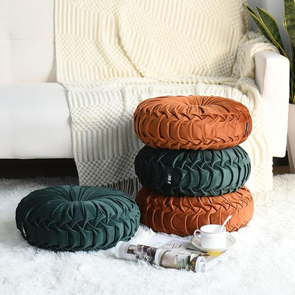 HIG Set of 2 Decorative Round Pleated Throw Pillows, Classy Accent Pumpkin Throw Pillows with Center Button, Vintage Velvet Floor Pillows for Sofa Vanity Chair Bed, Rust, 14.5" Diameter(Ripple)