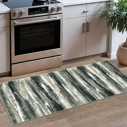 Lansny Modern Abstract Runner Rug 2x5, Forest Green Washable Entryway Kitchen Runner Non-Slip Soft Hallway Rug Runner Thin Print Faux Wool Carpet for Bedroom Laundry Room Indoor