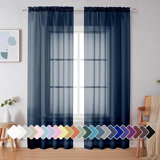 Simplebrand Navy Blue Sheer Curtains 90 Inches Long 2 Panels, Light Filtering Rod Pocket Solid Color Window Sheer Curtain Panels, Elegant Curtains & Drapes for Living Room, Bedroom, 42" W x 90" L