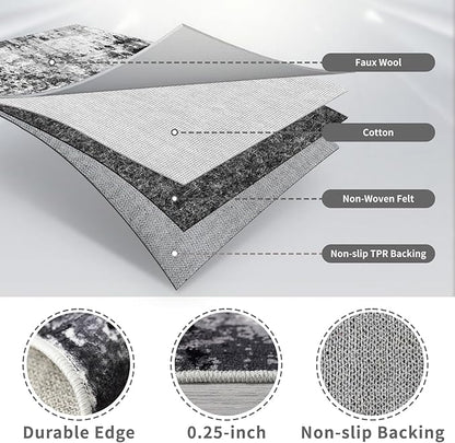 4x12 Runner Rug for Wide Hallway: Long Washable Runners for Entryway Living Room Dining Room - Stain and Water Resistant Rugs with Non-Slip Backing - Soft Low-Pile Carpet Black Grey