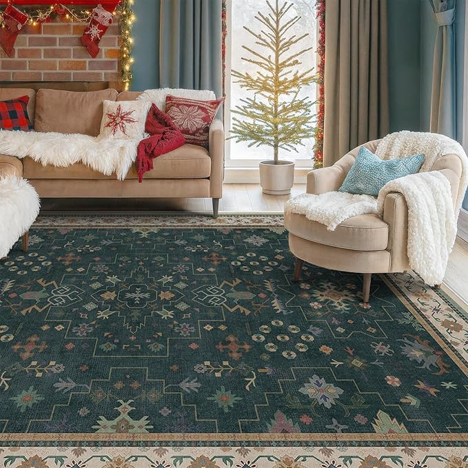 Hazo Haus Vintage Dark Green 6x9 Dining Room Rugs for Under Kitchen Table - Washable Livinig Room Rug - Unique Floral Pastel Low Pile Non-Slip Large Area Rugs for Bedroom