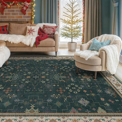 Hazo Haus Vintage Dark Green 6x9 Dining Room Rugs for Under Kitchen Table - Washable Livinig Room Rug - Unique Floral Pastel Low Pile Non-Slip Large Area Rugs for Bedroom
