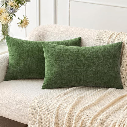 MIULEE Pack of 2 Couch Throw Pillow Covers 12x20Inch Soft Moss Green Spring Chenille Lumbar Pillow Covers for Sofa Living Room Solid Dyed Cases