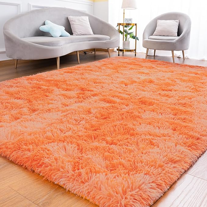 Goideal Fluffy Rug for Bedroom Living Room, 7x10 Orange Area Rugs, Faux Fur Shag Modern Carpet Ultra Soft Girls Boys Room Home Decor, Tie-Dyed