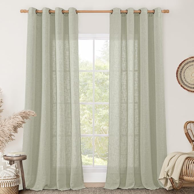 LAMIT Linen Curtains for Living Room 84 Inch Length, Bronze Grommet Light Filtering Semi Sheer Drapes Neutral Rustic Farmhouse Boho Panels for Bedroom, 2 Panels, Sage Grey, 52 x 84 Inch