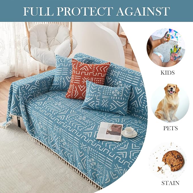HANDONTIME Turquoise Couch Protector for Dogs Boho Tassel Blue Couch Cover Farmhouse Sofa Covers Aztec Tribal Couch Covers for 3 Cushion Couch Sofa Universal Sofa Slipcover for Home décor, 71" X118"