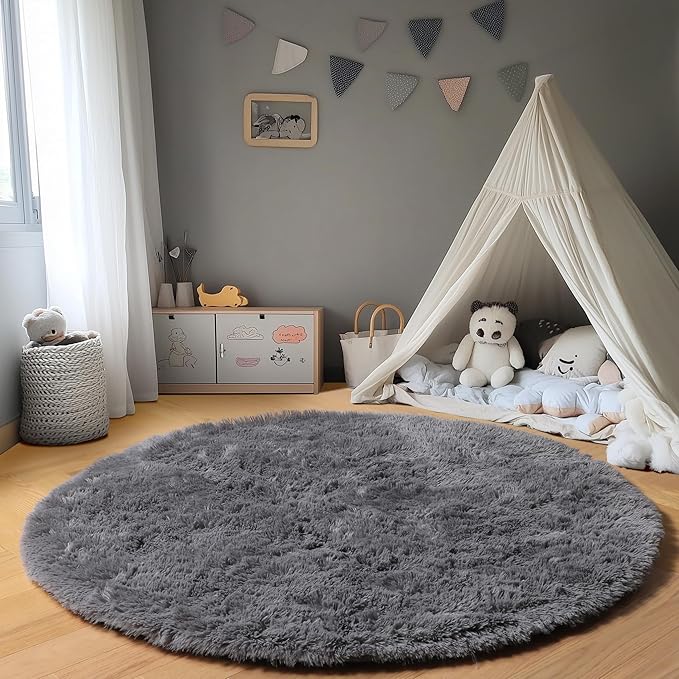 ONASAR Grey Round Rugs 8ft for Living Room, Fluffy Bedroom Circle Area Rug, Soft Plush Shaggy Carpet for Kids Girls Boys Teen Nursery Dorm Classroom Playroom Home Decor Aesthetic