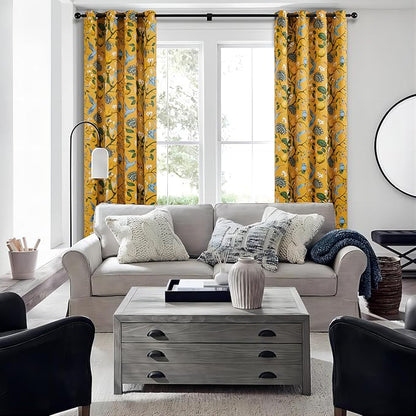 Topfinel 80 Inches Long Custom Mustard Yellow Luxury Curtains for Living Room Bedroom, Blackout Vintage Victorian Curtains Floral Lemon Hummingbird Printed Grommet Drape 80 Inch Length