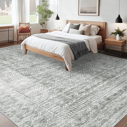 Living Room Rugs 9x12: Washable Moroccan Geometric Boho Rug Farmhouse Non Slip Stain Resistant Large Rug Low Pile Soft Carpet for Bedroom Dining Room Children Room (Grey,9'x12')