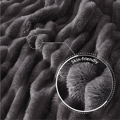 Exclusivo Mezcla King Size Flannel Fleece Blanket, Super Soft Striped Jacquard Bed Blanket, Lightweight Fuzzy Cozy for All Seasons, 90x104 Inches, Dark Grey