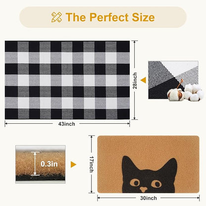 UINI Welcome Door Mat Combo Set, 28" x 43" Black and White Plaid Mat +17" x 30" Cat Welcome Mat, 2 PCS Doormat Set for Front Door, Entrance, Porch Decor, Non-Slip