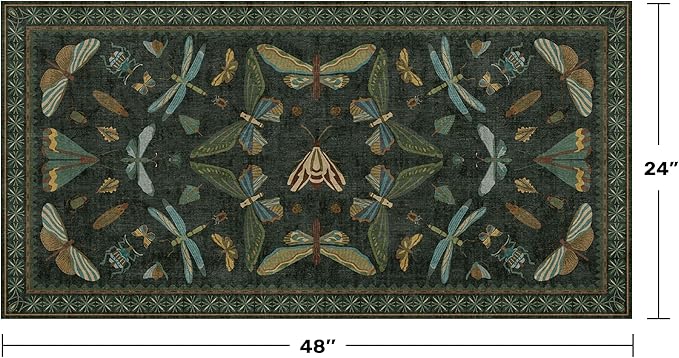 Hazo Haus 2x4 Entry Way Rugs Indoor - Dark Green Putdoor Rug for Kitchen, Bathroom, Insect Boho Design, Washable Non Slip Stain Resistant