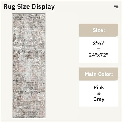 Runner Rug 2x6 Washable Non-Slip Kitchen Runner Rugs for Bathroom Laundry Room Pink/Grey Vintage Floor Carpet Runners for Hallway Entryway
