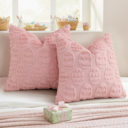 decorUhome Easter Pink Egg Pillow Covers 18x18 Inch Set of 2, Soft Plush Faux Wool Jacquard Cushion Covers, Farmhouse Neutral Fuzzy Spring Easter Holiday Decor for Couch Sofa Bed