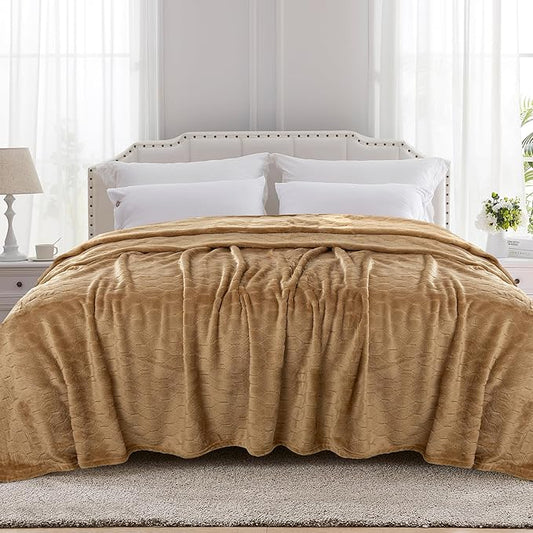 TOONOW Fleece Bed Blanket Queen Size 90x90 inches , Super Soft Fluffy Fuzzy Plush Blanket Geometric Pattern Cozy Microfiber Flannel Blankets for Couch, Bed, Sofa, Camel