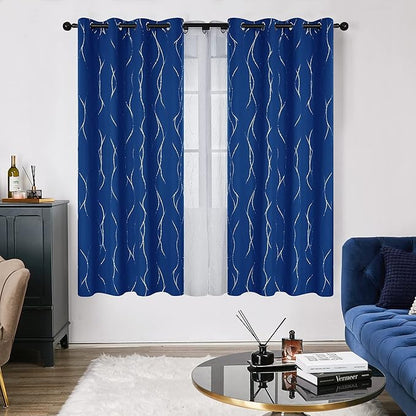 Deconovo Blackout Curtains, 52 x 72 Inch Drapes for Living Room with Wave Dots Silver Print, Soundproof Thermal Insulated Window Curtain for Bedroom Nursery, Set of 2, Machine Washable, Royal Blue
