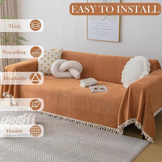 HANDONTIME Dark Orange Sofa Covers Couch Cover for Dogs Colorful Tassel Lovetseat Covers Pet Couch Cover Bohemian Sofa Cover for Couch Vintage Boho Couch Covers Futon Cover Pet-Friendly, 71" X134"