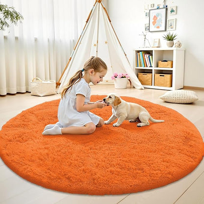 OLANLY Orange Round Rugs for Bedroom - Machine Washable, 9 ft Circle Area Rugs for Living Room, Soft and Fluffy Shaggy Carpet for Teen Girl and Boys, Nursery Rooms, Dorms, Home Decor Aesthetic