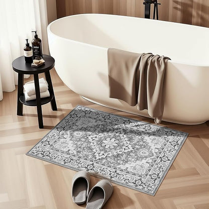 Lofus 2x3 Washable Rug for Entryway Bathroom, Non Slip Kitchen Mats for Floor, Vintage Soft Door Mat Indoor Entrance, Small Area Rugs, Farmhouse Carpet for Entry Living Room Bedroom, Floral Grey
