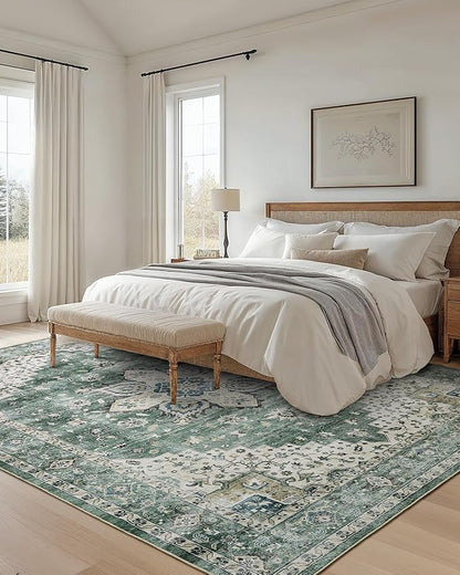AMADA HOMEFURNISHING 8x10 Area Rug, Washable Low-Profile Large Area Rug with Non-Slip Backing & Durable Edge Binding, Vintage Large Rugs for Living Room, Bedroom