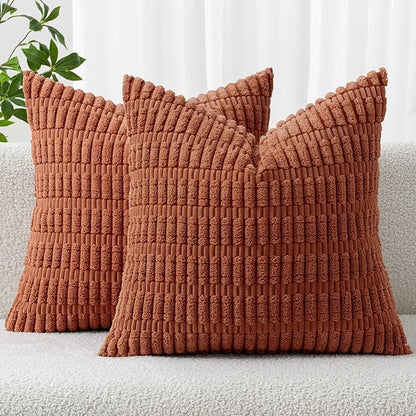 MIULEE Pack of 2 Dark Rust Corduroy Decorative Pillow Covers 18x18 Inch Soft Boho Striped Throw Pillow Covers Modern Farmhouse Home Decor for Summer Sofa Living Room Couch Bed