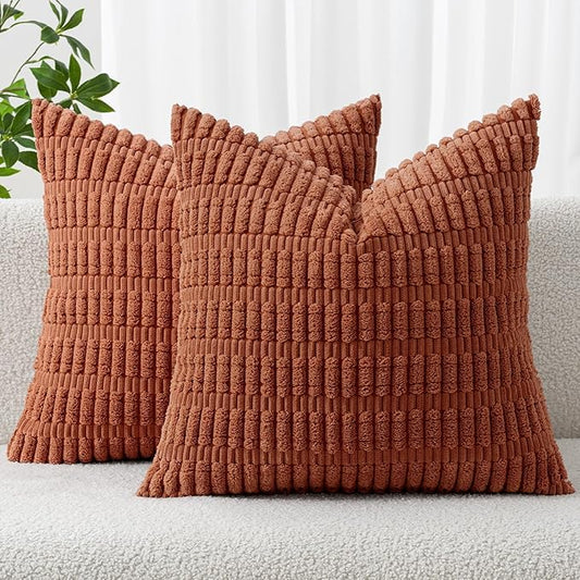 MIULEE Pack of 2 Dark Rust Corduroy Decorative Pillow Covers 20x20 Inch Soft Boho Striped Throw Pillow Covers Modern Farmhouse Home Decor for Summer Sofa Living Room Couch Bed
