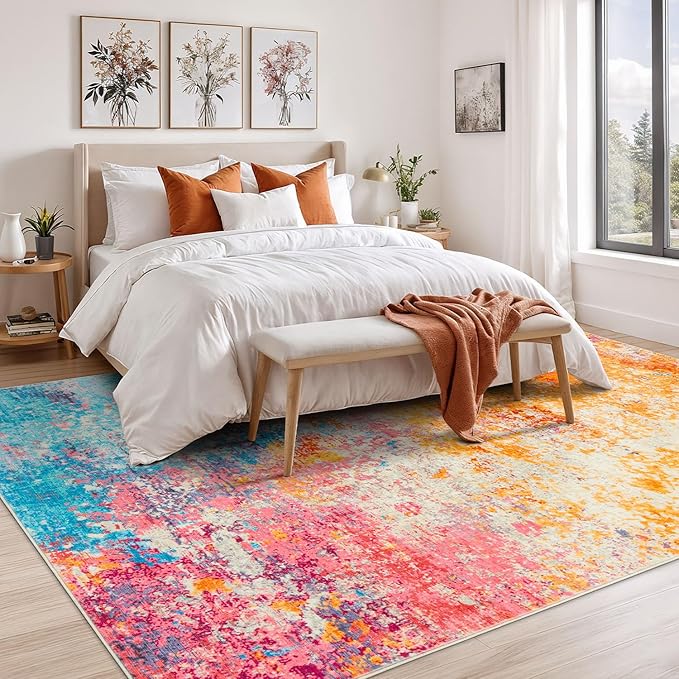 Rugflix 6x9 Area Rugs for Living Room, Washable Large Multicolor Rug Stain-Resistant Low Pile, Modern Carpet for Dining Room Home Office Kid Room Nursery Bedroom, Colorful Rainbow