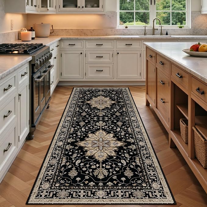 RELEANY Area Rugs 3'x7' Runner Rug Non Slip Washable for Kitchen Hallway Bedroom Beside Laundry Room Bathroom Rug, Floor Carpet, Black Brown Neutral Dark Tan