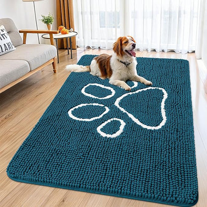 Smiry Dog Door Mat for Muddy Paws, Absorbent Dirt Trapper Non Slip Quick Dry Washable Chenille Mat for Mud Dogs, Entry Rug for Indoor and Outdoor (59x35 Inches, Atlantic Blue and White)